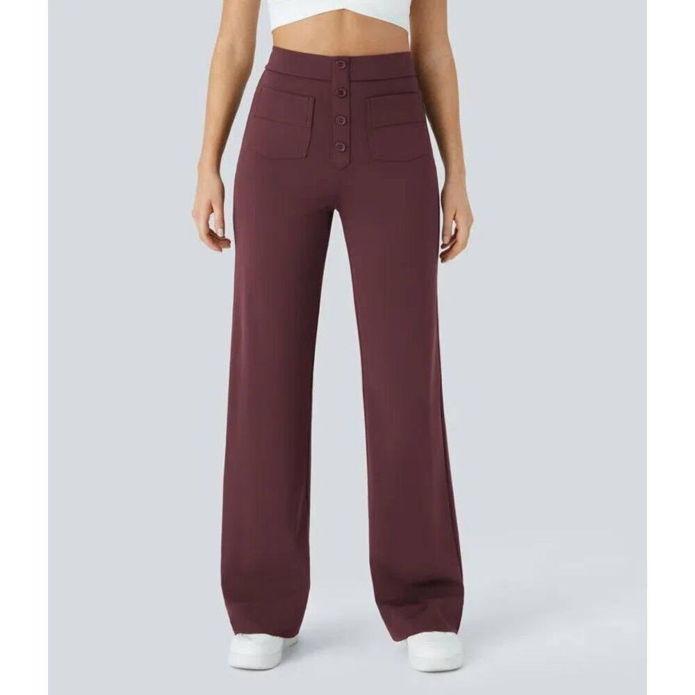 Halara DayStretch High Waisted Pockets Straight Leg Casual Pants Red Mahogany